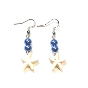 Handmade Navy White Starfish Clip-On Earrings Women Gift Summer Beach